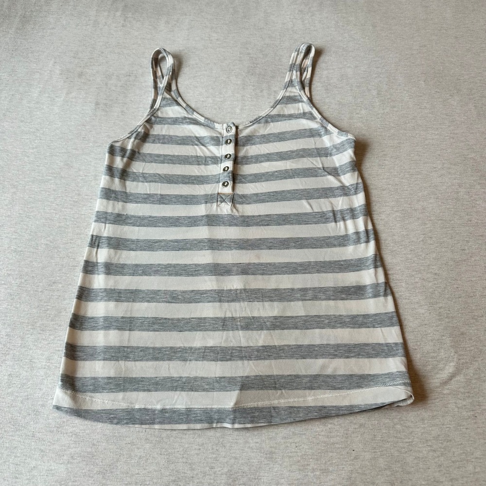 Lululemon Grey White‎ Striped Henley Tank Top Sleeveless Scoop Neck Womens